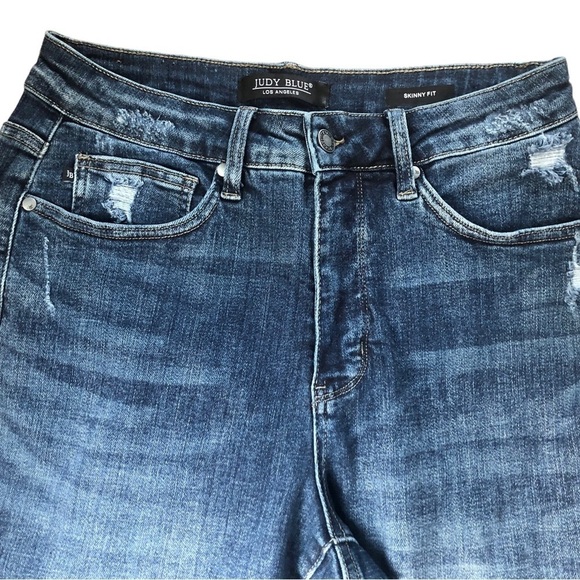 Judy Blue Denim Stretch Blue Jean 14W Skinny Fit High Waisted Raw Hem Distress - Picture 4 of 6